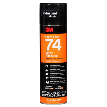 3M Foam Fast Spray Adhesive 74, Clear, 24 fl oz Can Net Wt 16.9 oz, 12 per Case, 7000121435